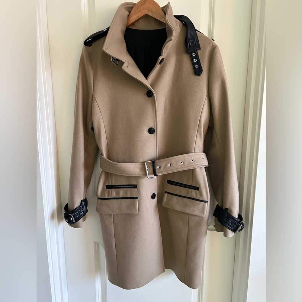 The Kooples Women’s Wool Blend Camel Tan Black Belted Trench Coat Size L (EU 42)